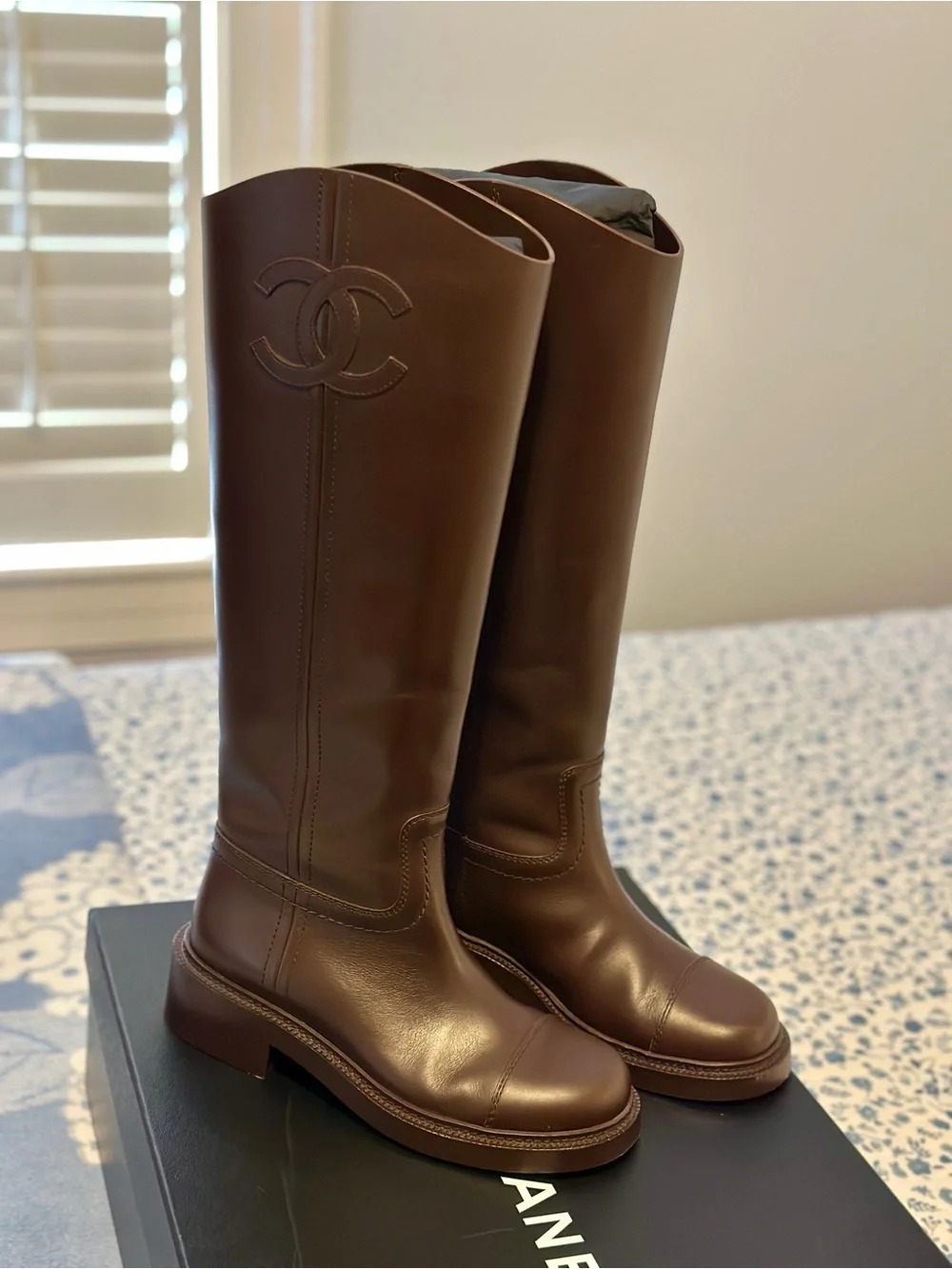 CHANEL Brown Leather Knee-High Boots